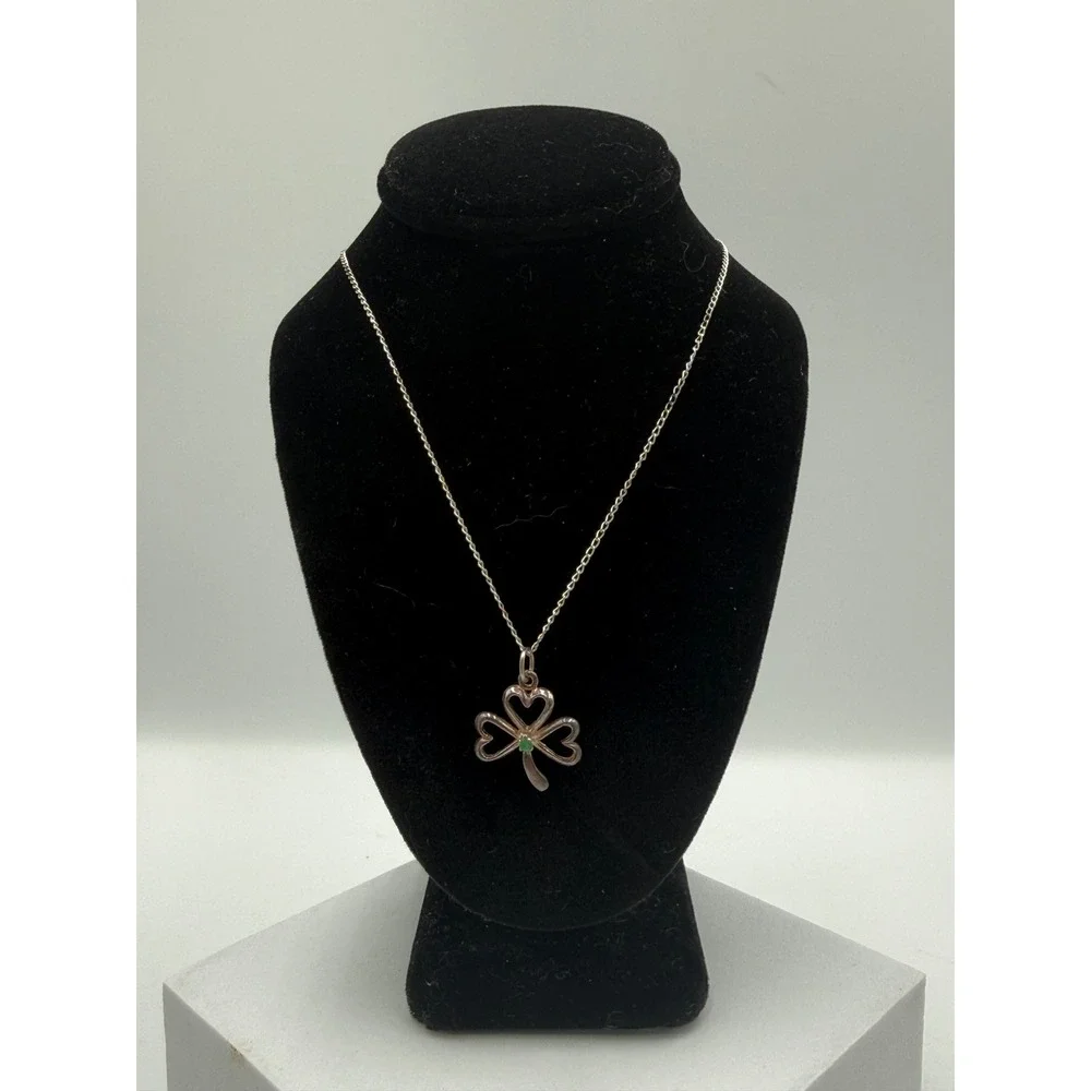 925 Sterling‎ Silver Shamrock Pendant Necklace Green Stone Heart Clover 22 Inch